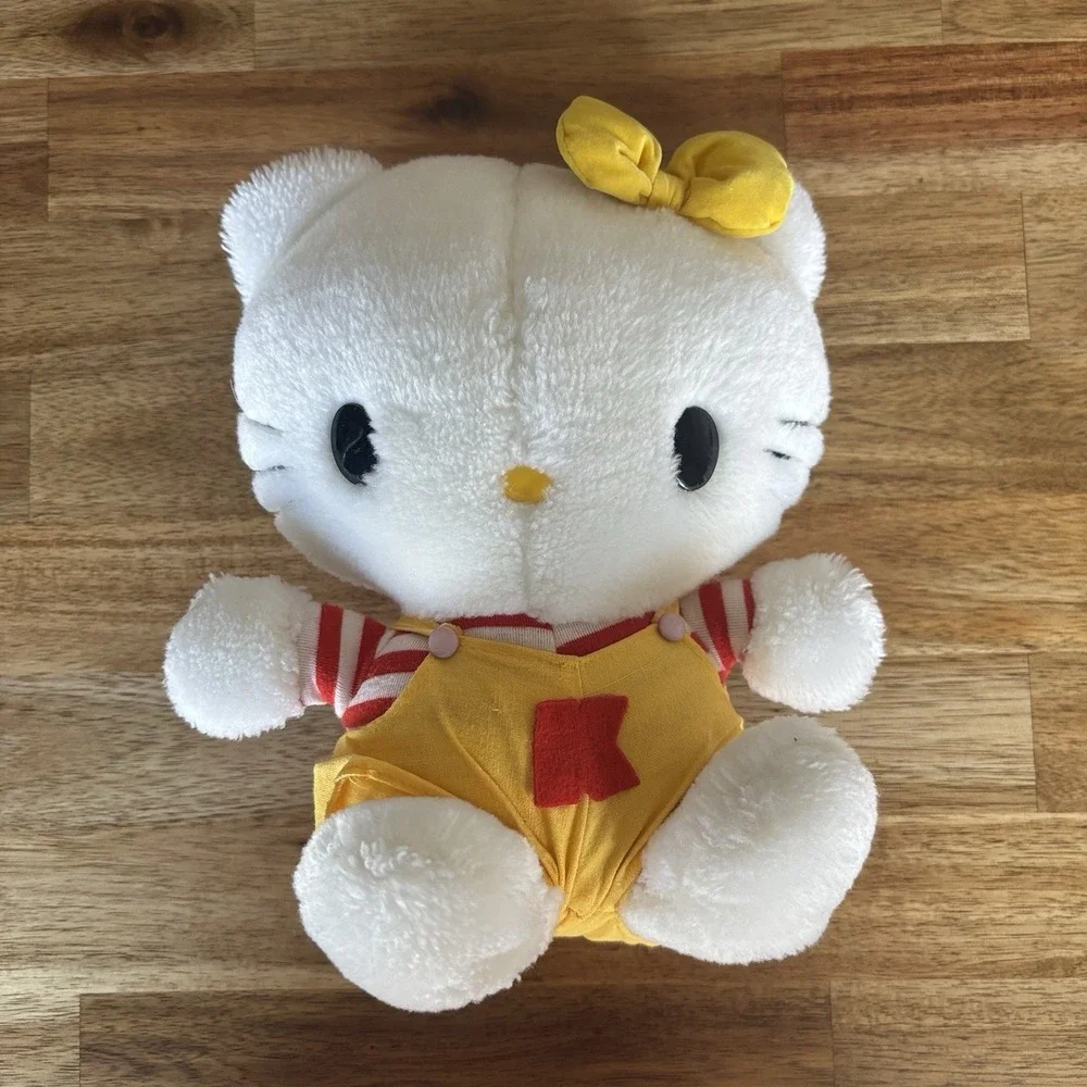Vintage Sanrio Hello Kitty Plush Stuffed Toy Rare Yellow‎ Overalls & Bow 80s